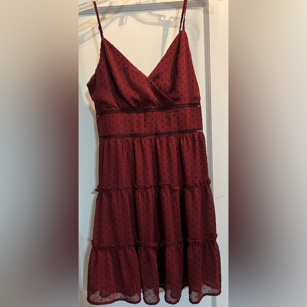 Adorable juniors Xl  Trixxi Clip Dot Tiered Mini Dress, burgundy